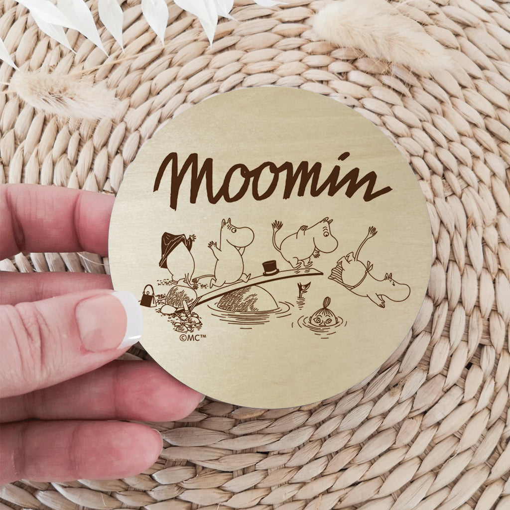 Moomin Family Swimming Natural Wood Single Round Coaster