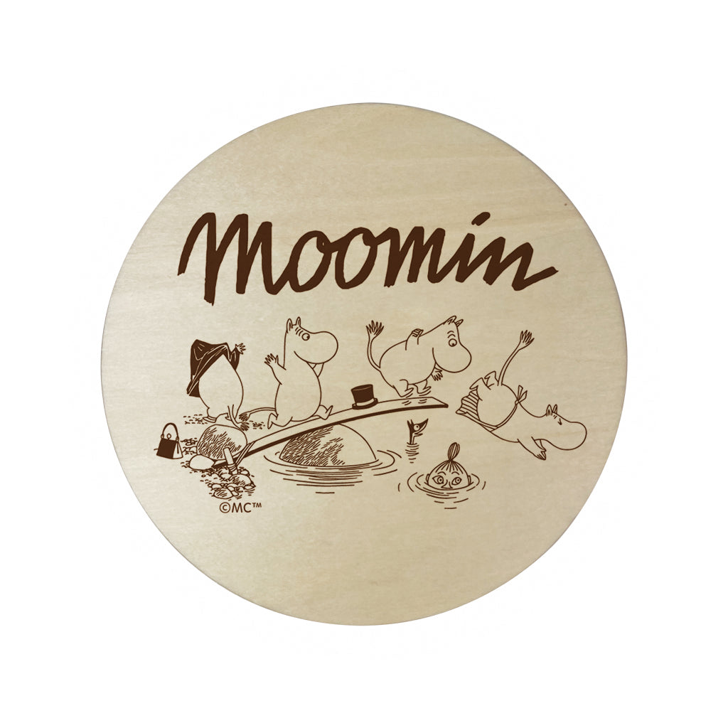 Moomin Family Swimming Natural Wood Single Round Coaster