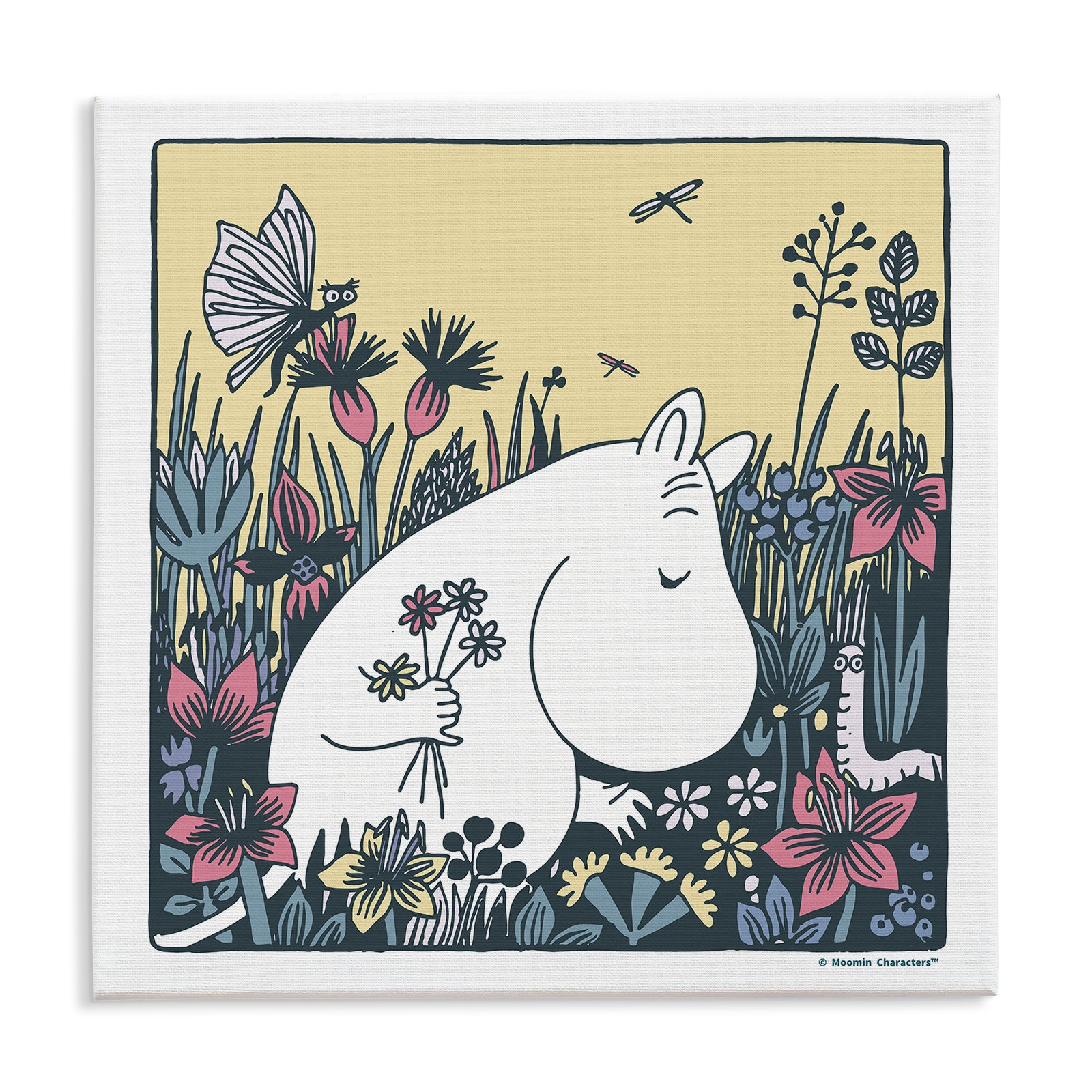 Moomintroll Picking Flowers Stretched Canvas | Moomin Shop US