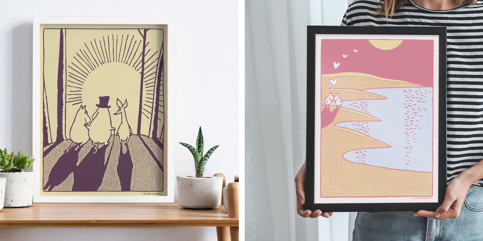 Two framed fine art Moomin prints in black and white frames