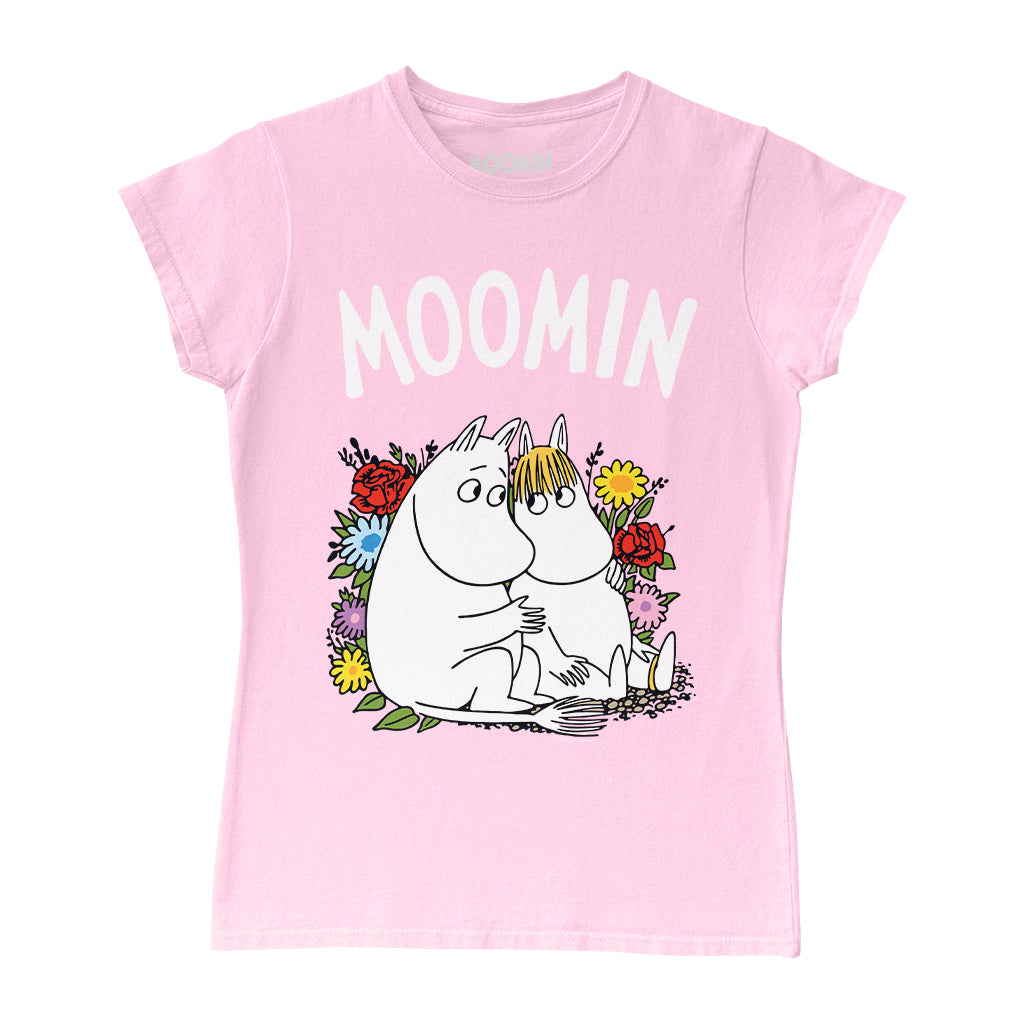 Moomin Moomintroll And Snorkmaiden Sitting In The Flowers White Text Women&#39;s T-Shirt | Moomin Shop US