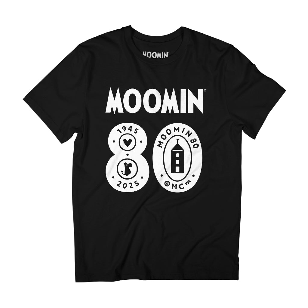 Moomin 80th Anniversary 1945-2025 Large White Text Logo Adult T-Shirt | Moomin Shop US