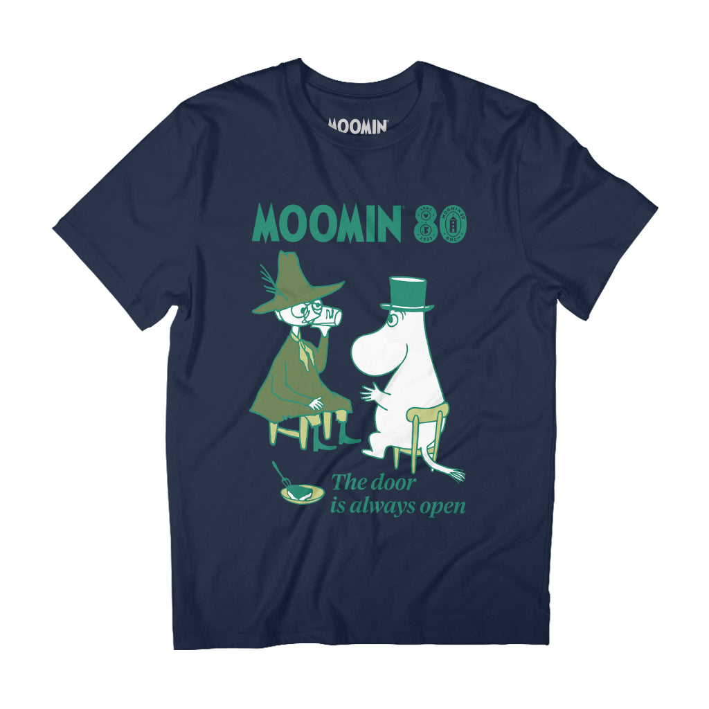 Moomin 80th Anniversary Snufkin &amp; Moominpappa Sitting Adult T-Shirt | Moomin Shop US