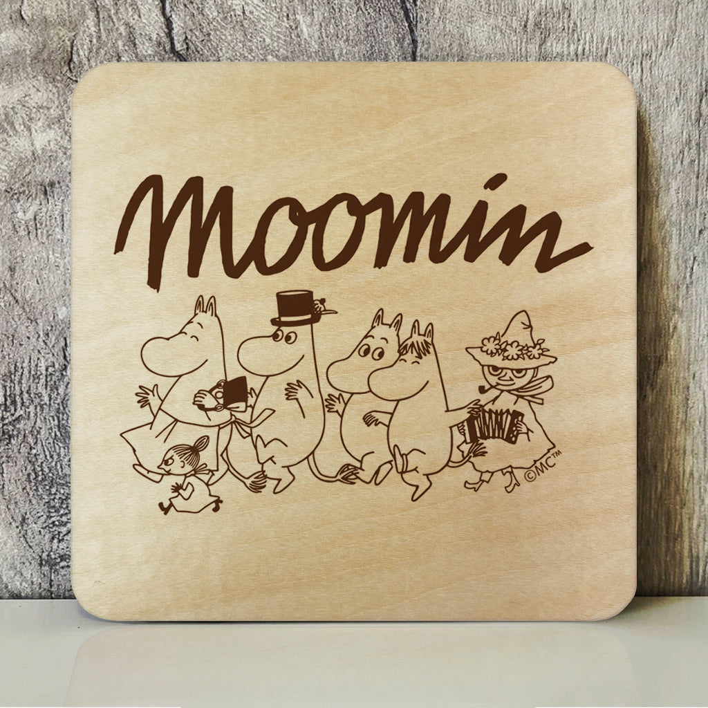 Moomin Family Walking Natural Wood Single Square Coaster | Moomin Shop US