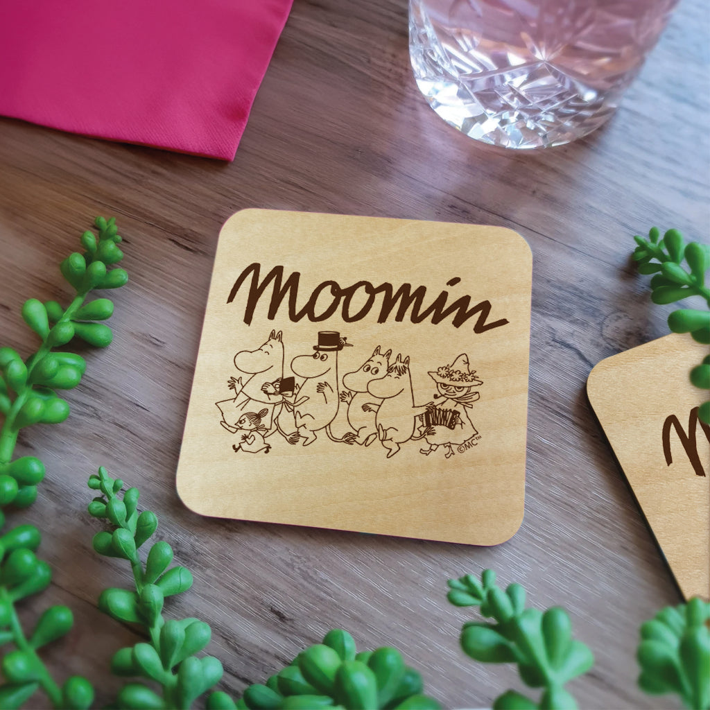 Moomin Family Walking Natural Wood Single Square Coaster