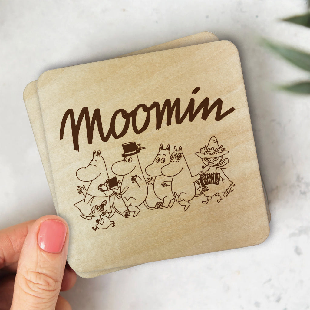 Moomin Family Walking Natural Wood Single Square Coaster