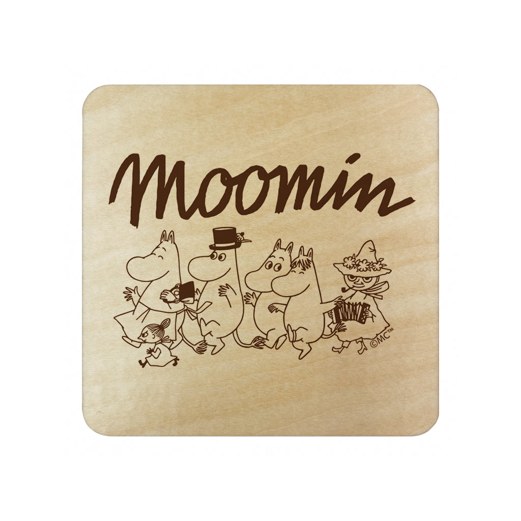 Moomin Family Walking Natural Wood Single Square Coaster