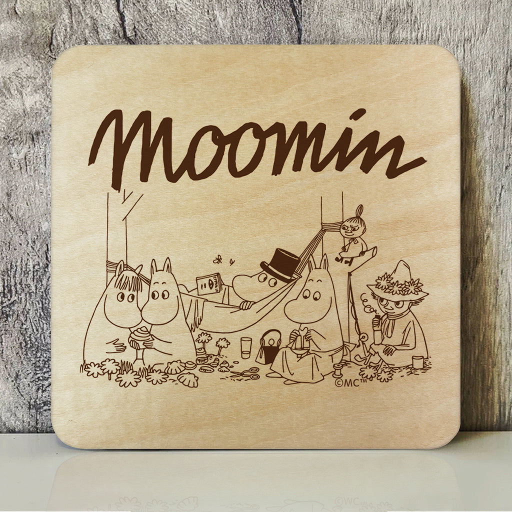 Moomin Family Camping Natural Wood Single Square Coaster