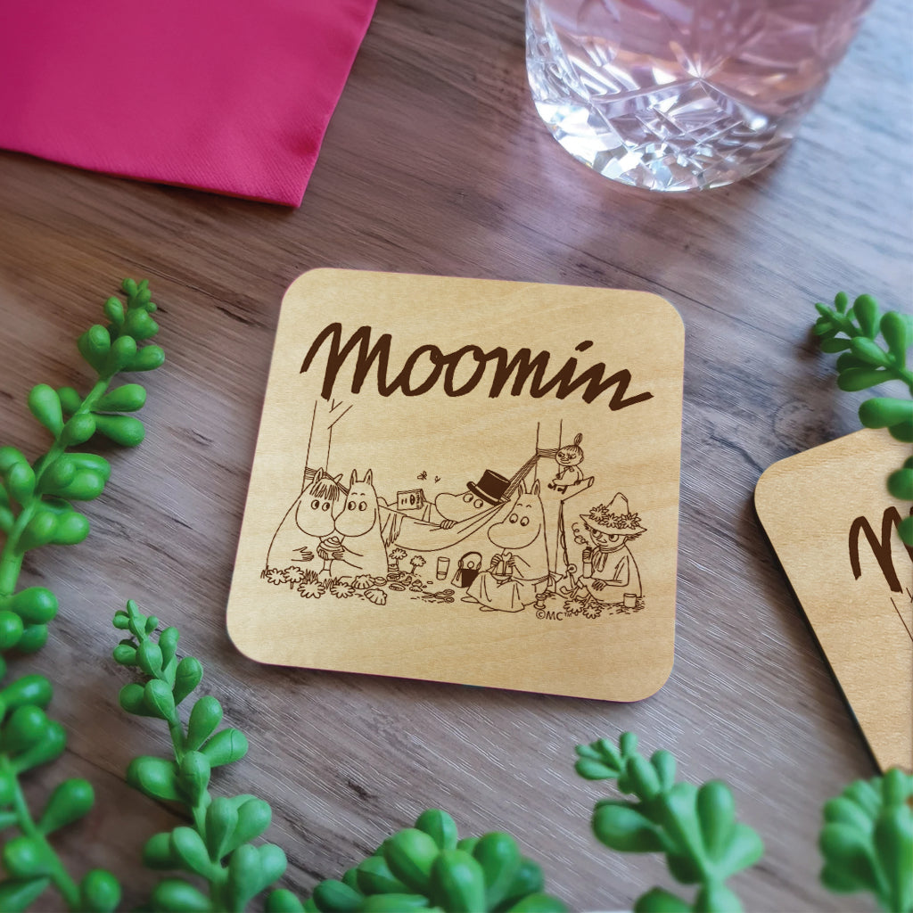 Moomin Family Camping Natural Wood Single Square Coaster