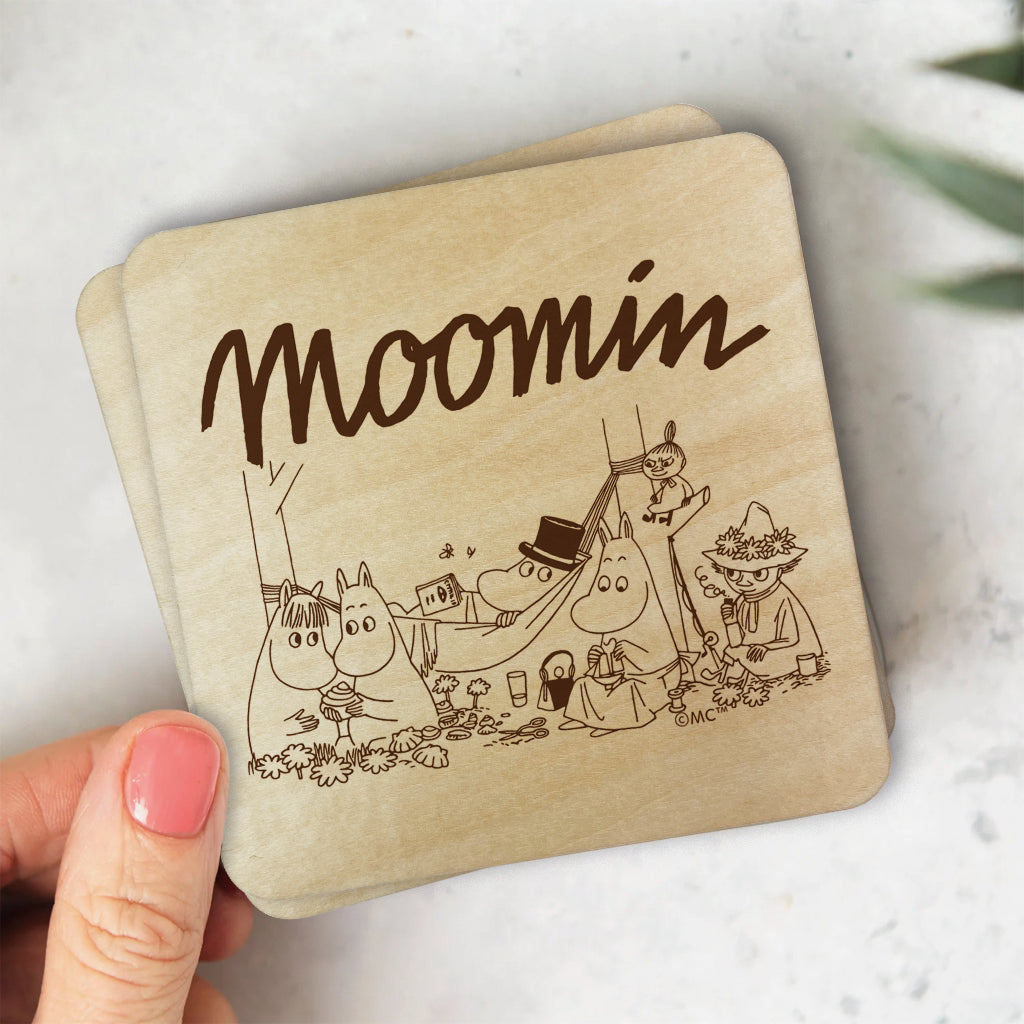 Moomin Family Camping Natural Wood Single Square Coaster | Moomin Shop US