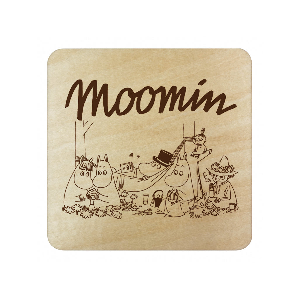 Moomin Family Camping Natural Wood Single Square Coaster