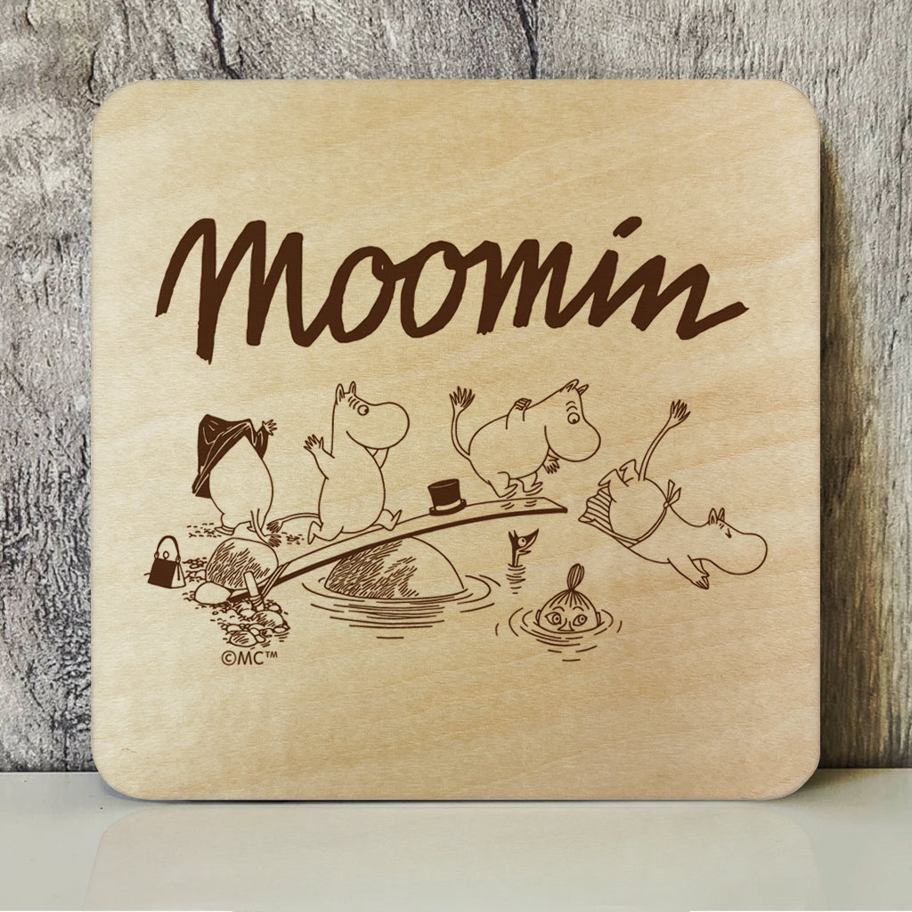 Moomin Family Swimming Natural Wood Single Square Coaster | Moomin Shop US