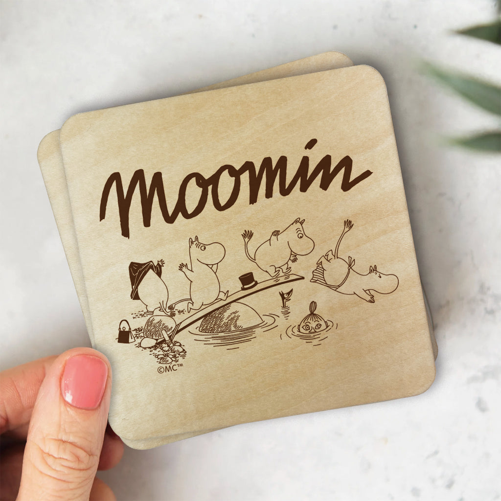 Moomin Family Swimming Natural Wood Single Square Coaster