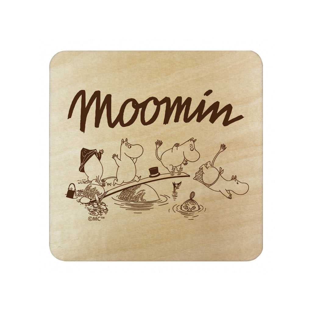 Moomin Family Swimming Natural Wood Single Square Coaster