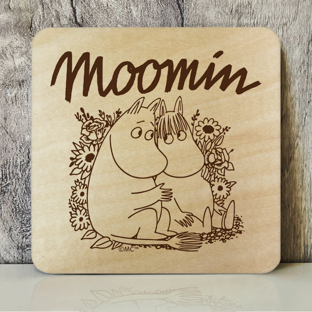 Moomin Moomintroll And Snorkmaiden Flowers Natural Wood Single Square Coaster