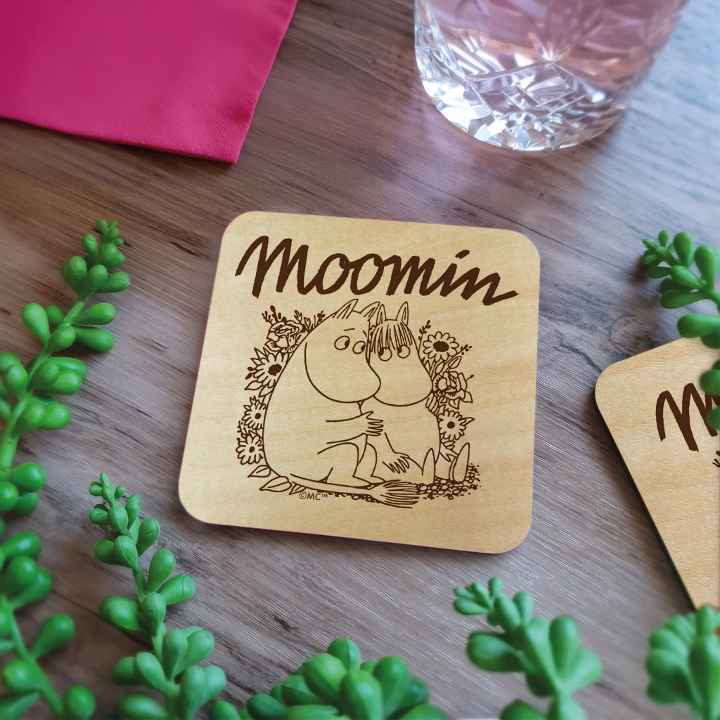 Moomin Moomintroll And Snorkmaiden Flowers Natural Wood Single Square Coaster