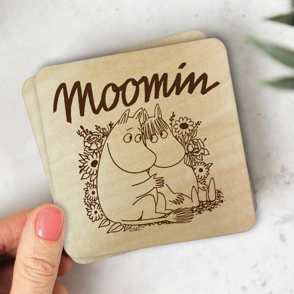 Moomin Moomintroll And Snorkmaiden Flowers Natural Wood Single Square Coaster