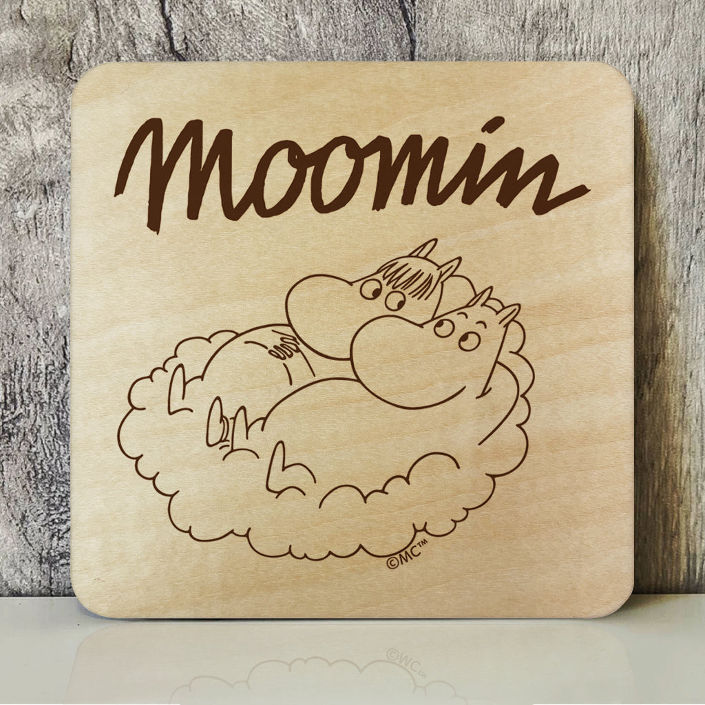 Moomin Moomintroll And Snorkmaiden On Cloud Natural Wood Single Square Coaster