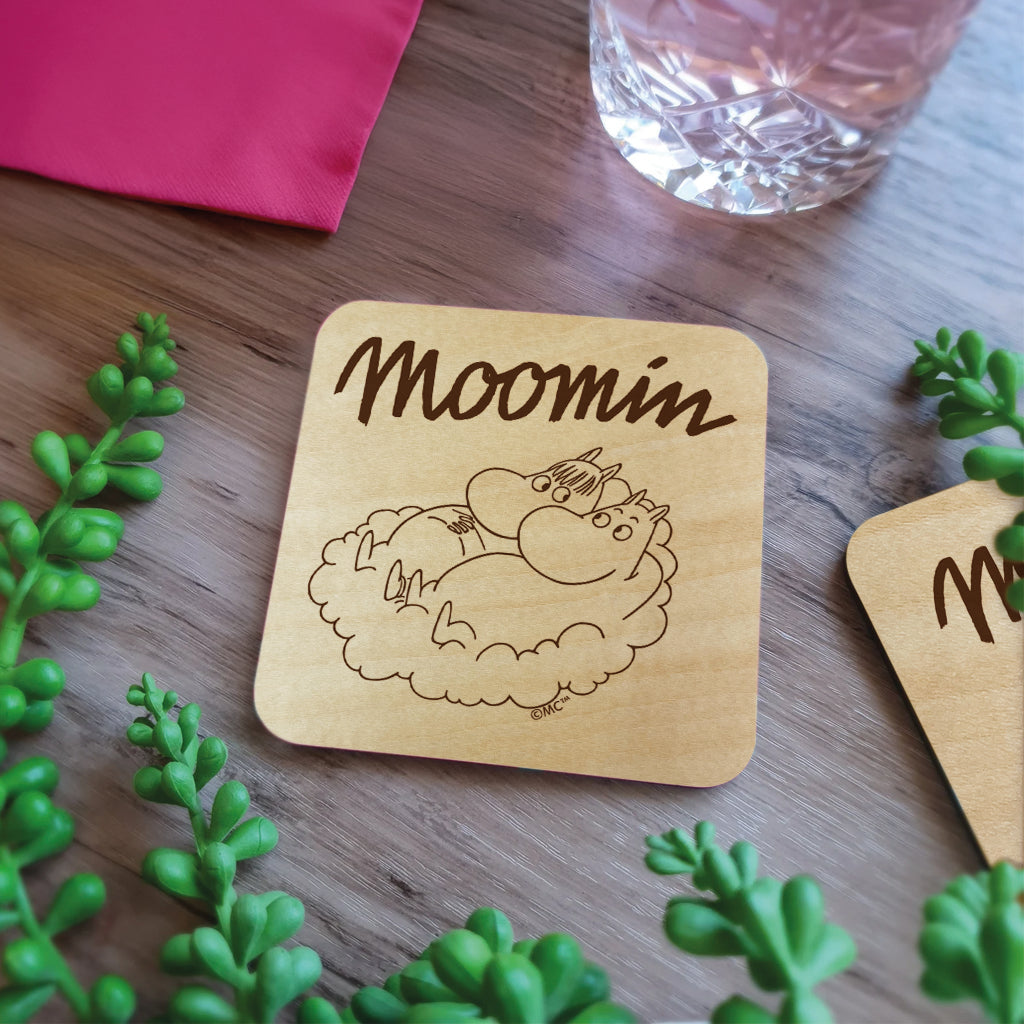 Moomin Moomintroll And Snorkmaiden On Cloud Natural Wood Single Square Coaster