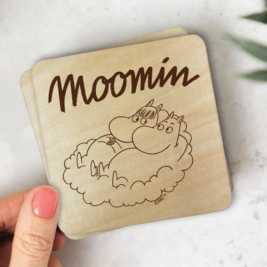 Moomin Moomintroll And Snorkmaiden On Cloud Natural Wood Single Square Coaster