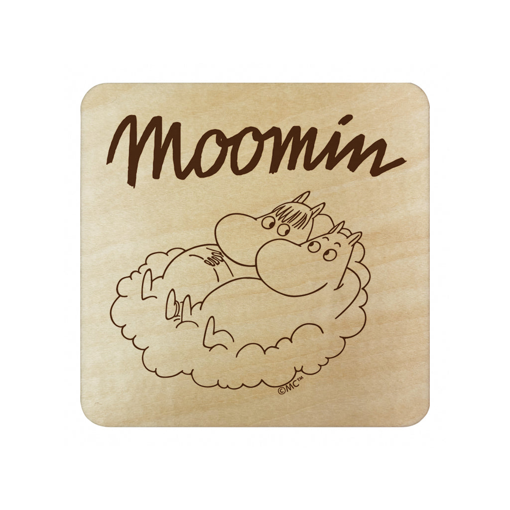 Moomin Moomintroll And Snorkmaiden On Cloud Natural Wood Single Square Coaster | Moomin Shop US