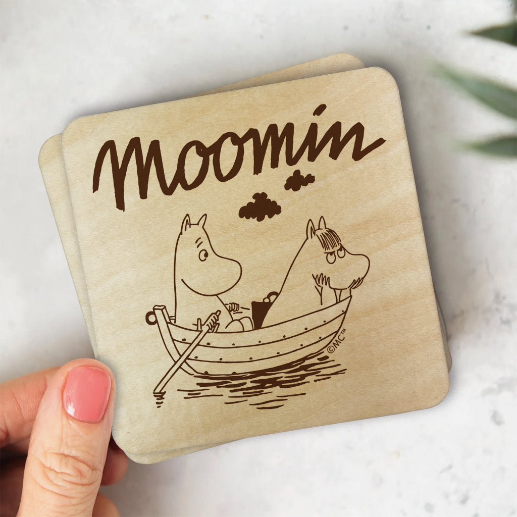 Moomin Moomintroll And Snorkmaiden Sailing Natural Wood Single Square Coaster | Moomin Shop US