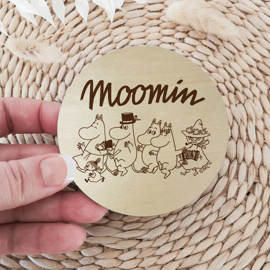 Moomin Family Walking Natural Wood Single Round Coaster