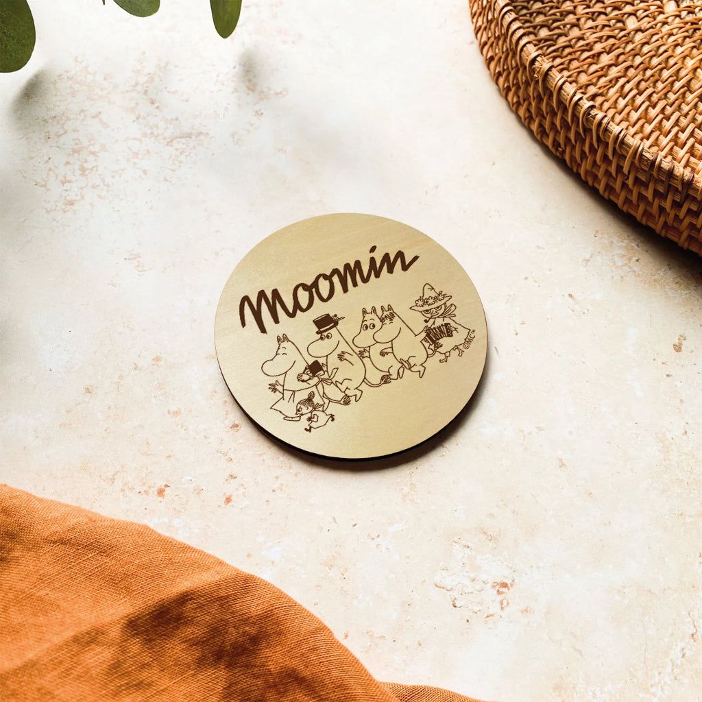 Moomin Family Walking Natural Wood Single Round Coaster