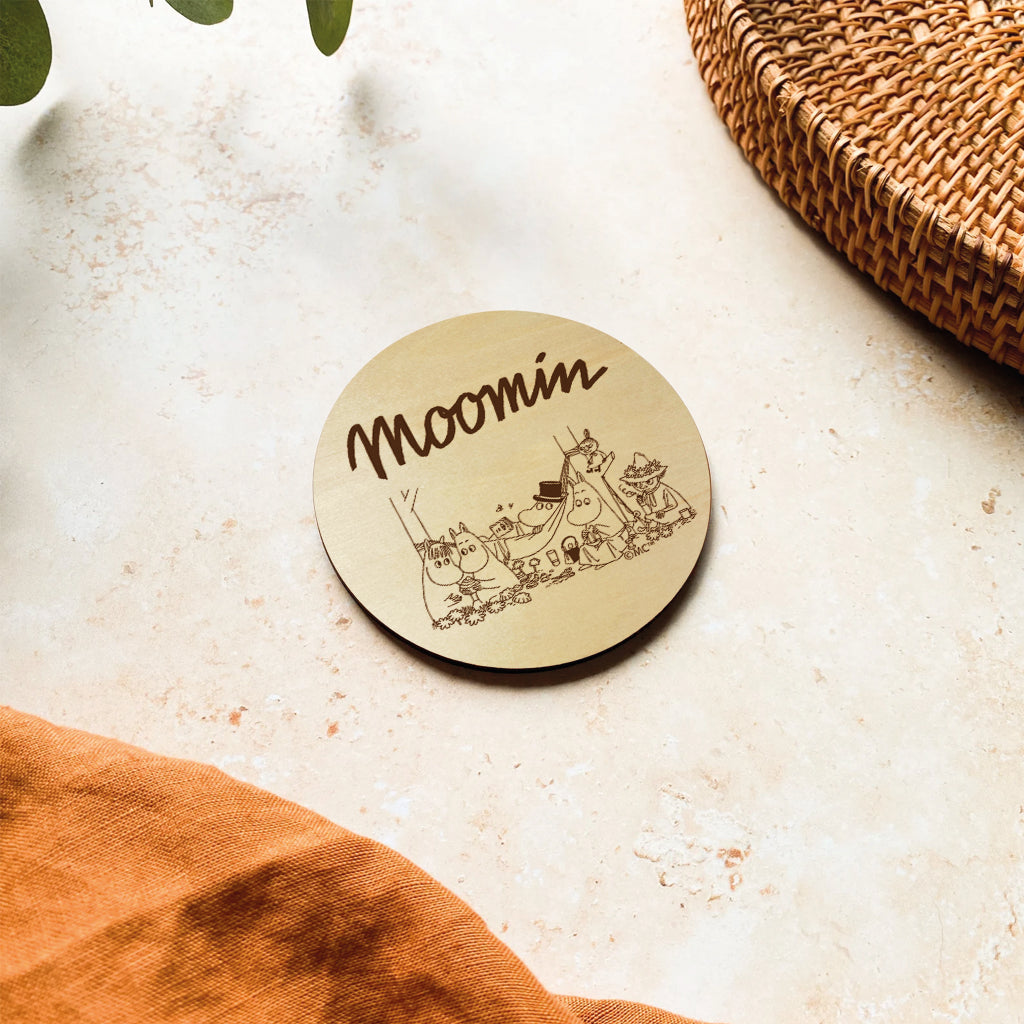 Moomin Family Camping Natural Wood Single Round Coaster | Moomin Shop US