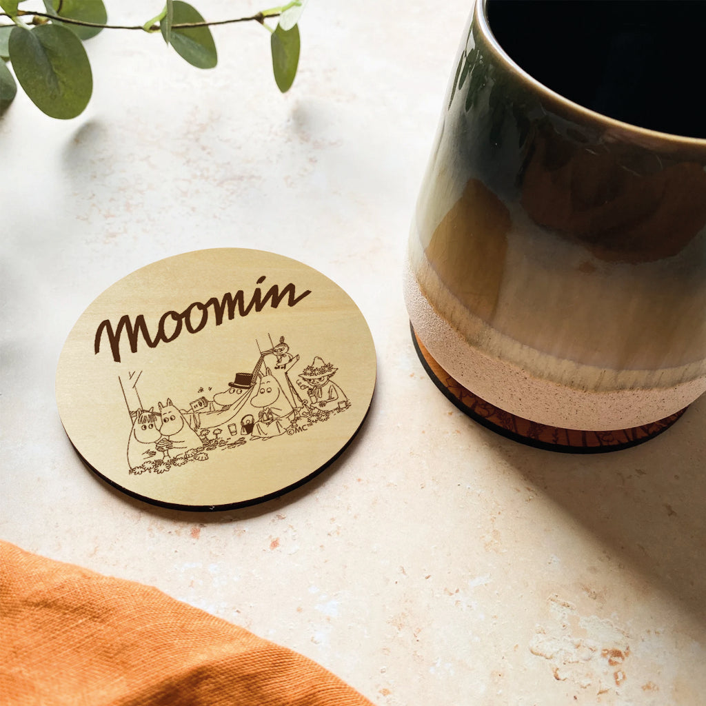 Moomin Family Camping Natural Wood Single Round Coaster