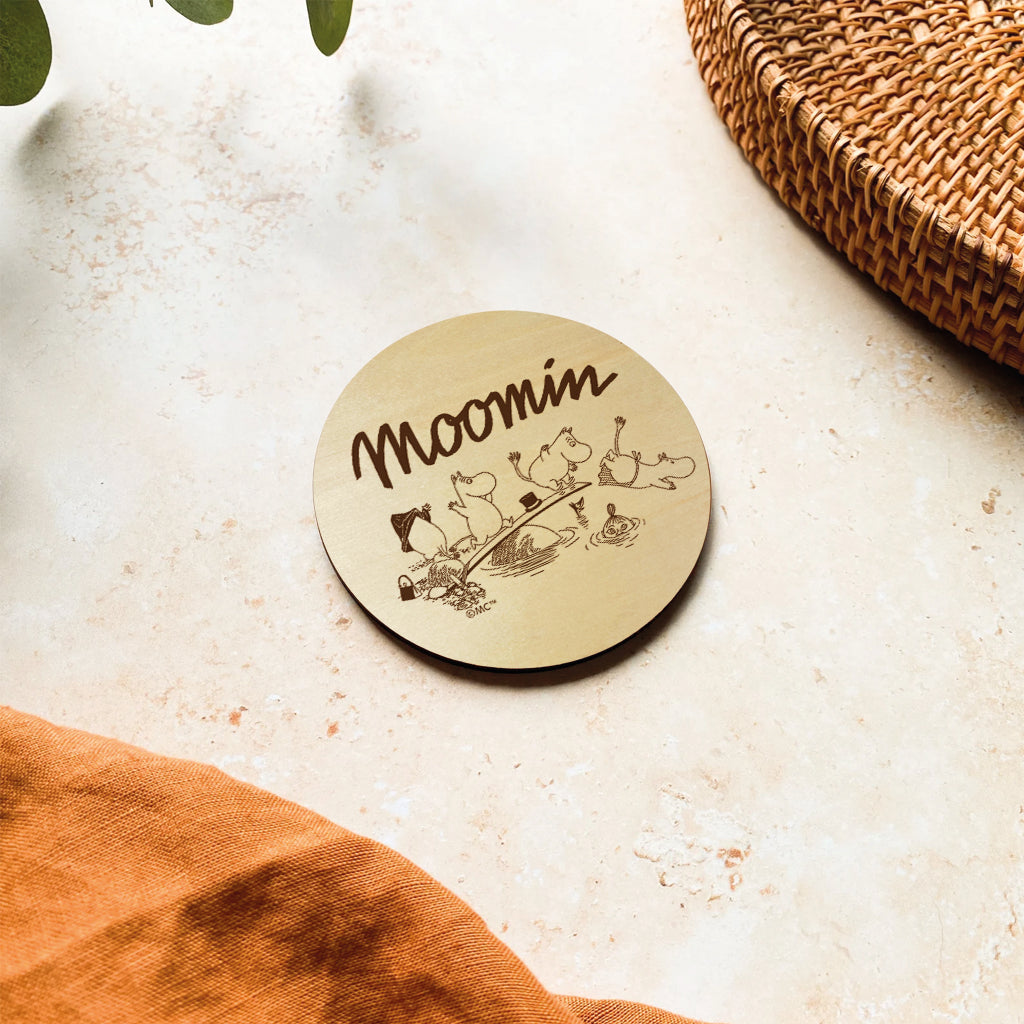 Moomin Family Swimming Natural Wood Single Round Coaster | Moomin Shop US