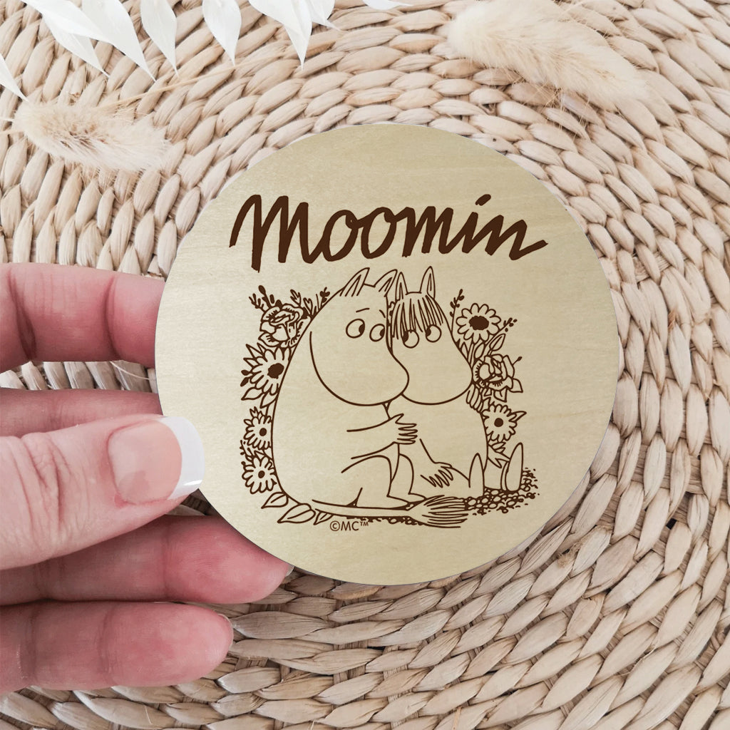 Moomin Moomintroll And Snorkmaiden Flowers Natural Wood Single Round Coaster | Moomin Shop US