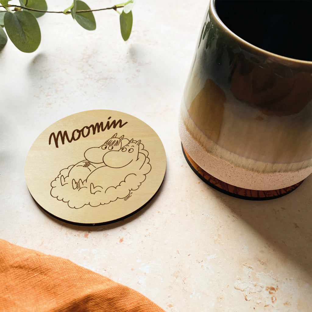 Moomin Moomintroll And Snorkmaiden On Cloud Natural Wood Single Round Coaster