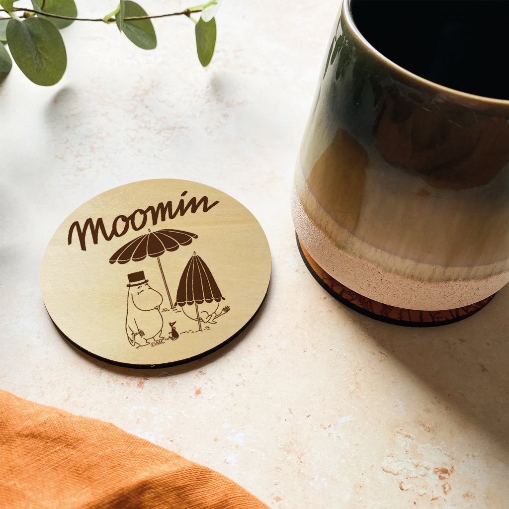 Moomin Moominpappa At The Beach Natural Wood Single Round Coaster | Moomin Shop US