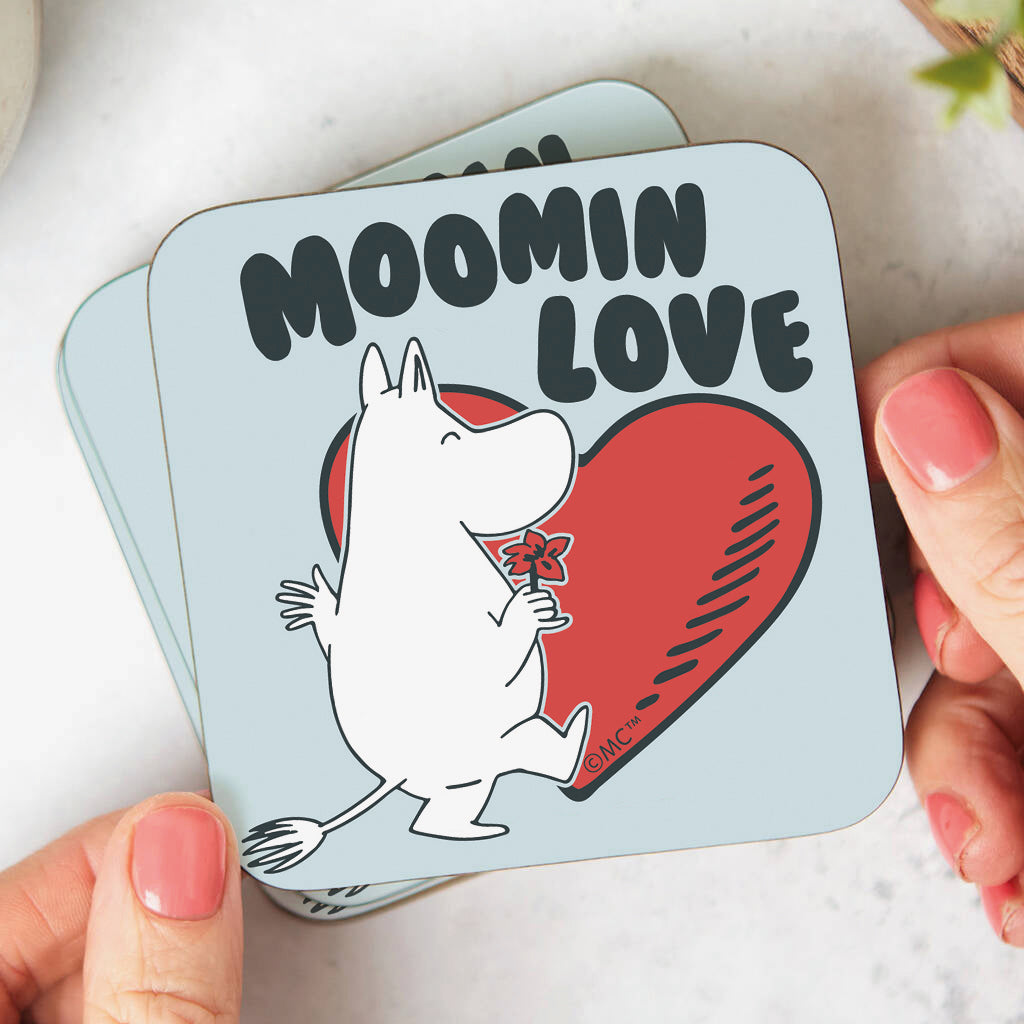 Moomin Love Heart Moomintroll Dances With Flower Wooden Single Coaster | Moomin Shop US