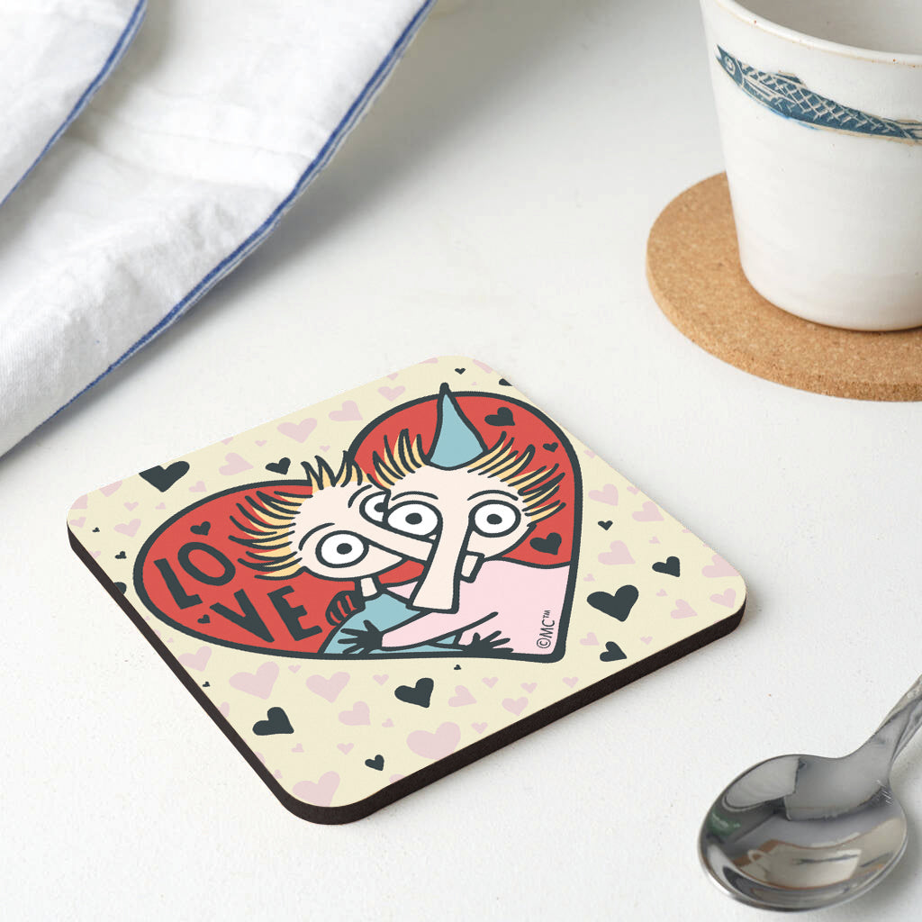 Moomin Love Hearts Thingumy &amp; Bob Wooden Single Coaster