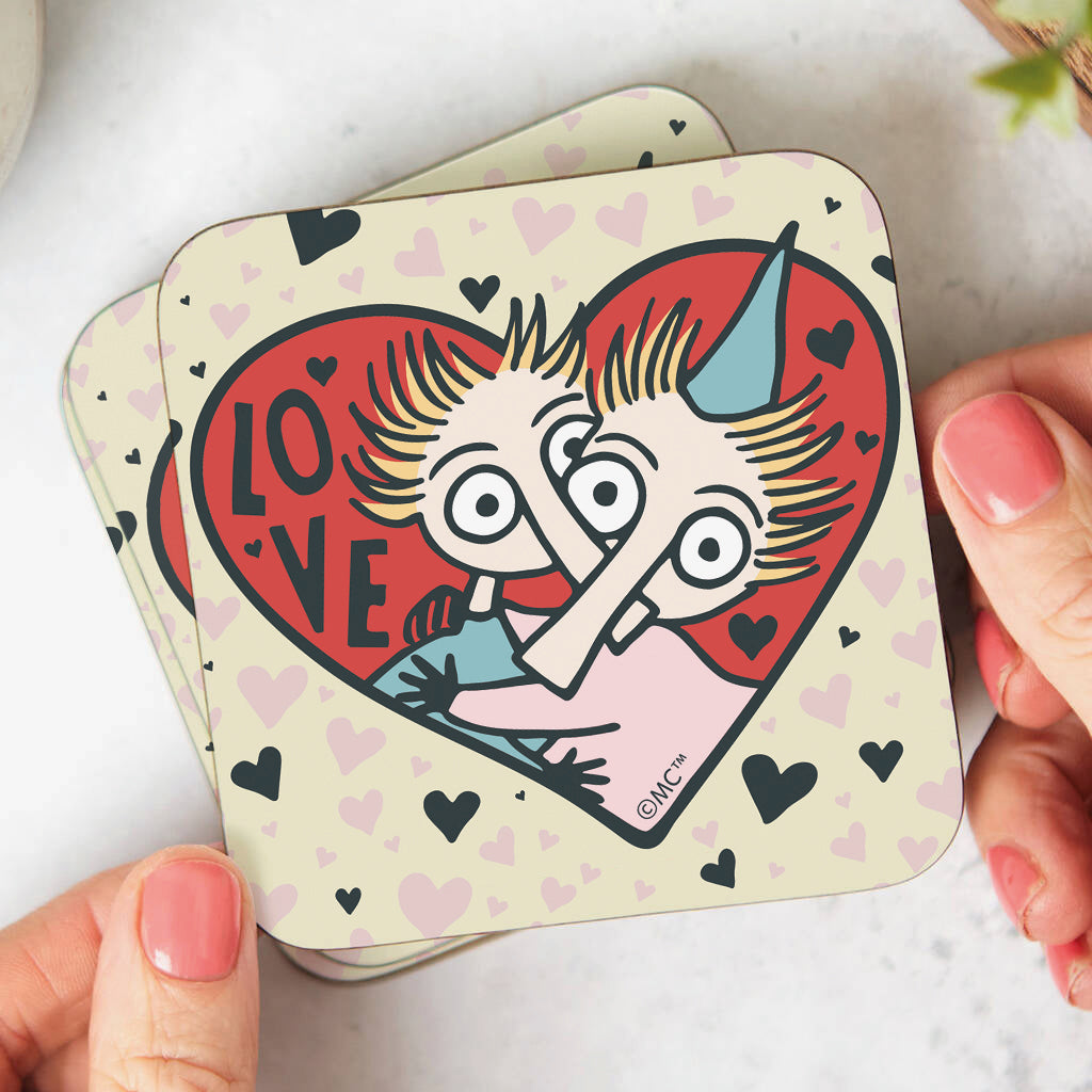 Moomin Love Hearts Thingumy &amp; Bob Wooden Single Coaster