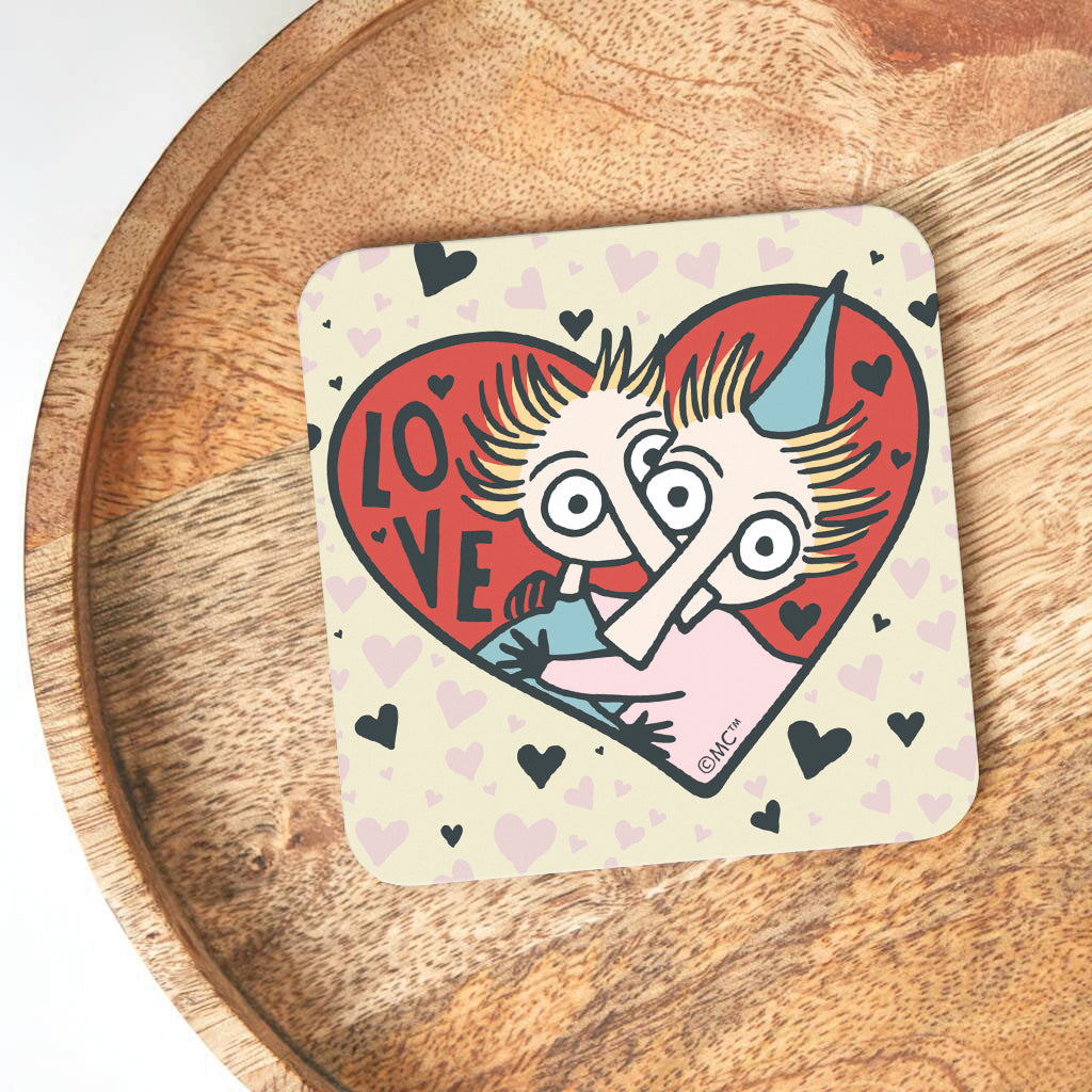 Moomin Love Hearts Thingumy &amp; Bob Wooden Single Coaster