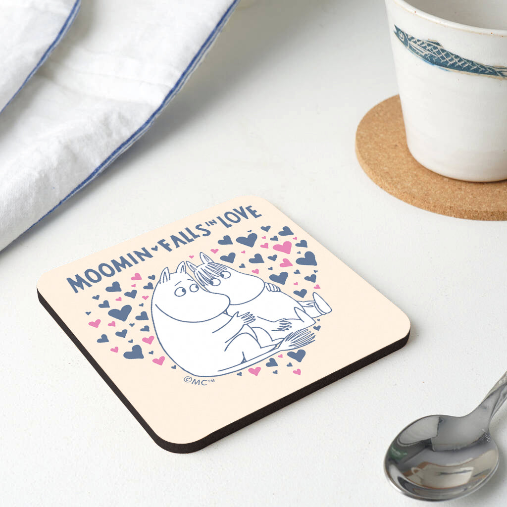 Moomin Falls In Love Blue Pink Hearts Moomintroll Snorkmaiden Wooden Single Coaster