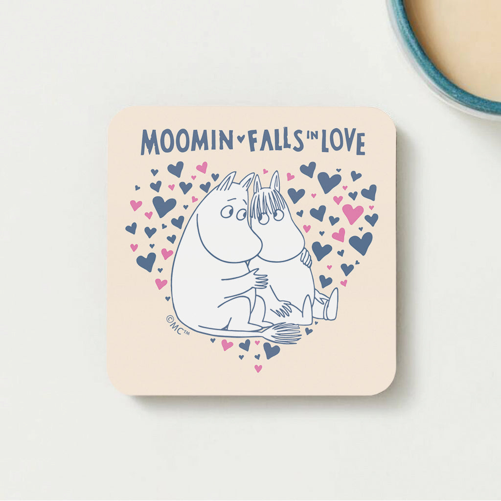 Moomin Falls In Love Blue Pink Hearts Moomintroll Snorkmaiden Wooden Single Coaster