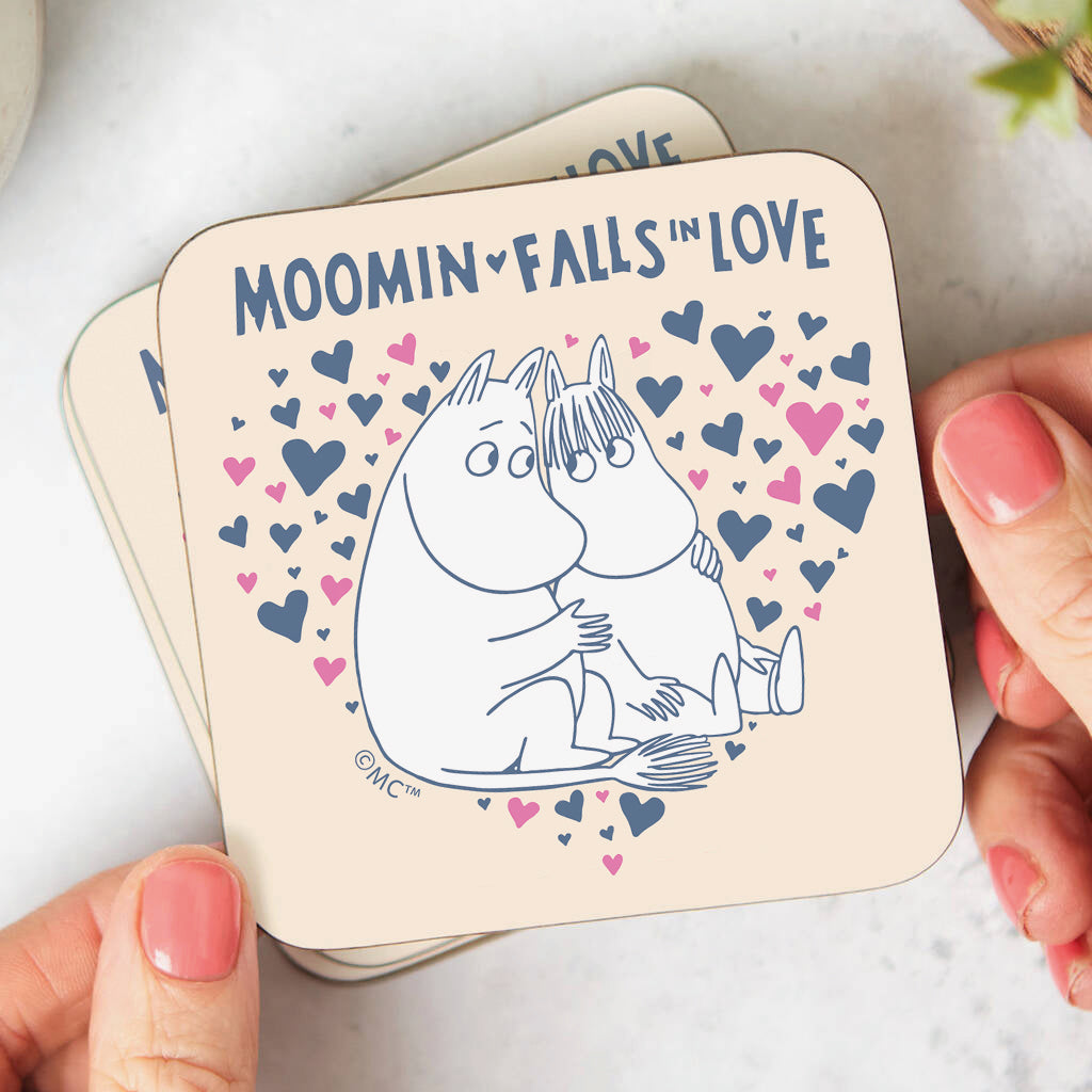 Moomin Falls In Love Blue Pink Hearts Moomintroll Snorkmaiden Wooden Single Coaster | Moomin Shop US