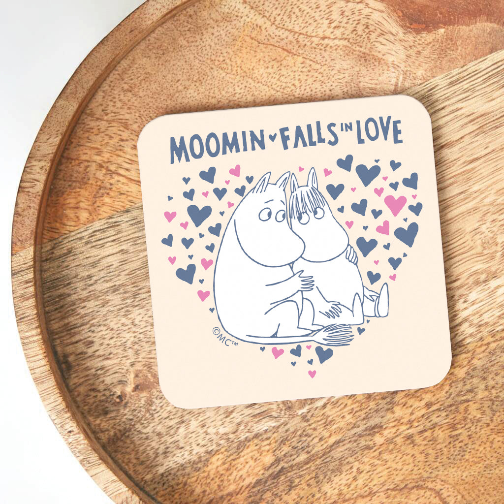 Moomin Falls In Love Blue Pink Hearts Moomintroll Snorkmaiden Wooden Single Coaster