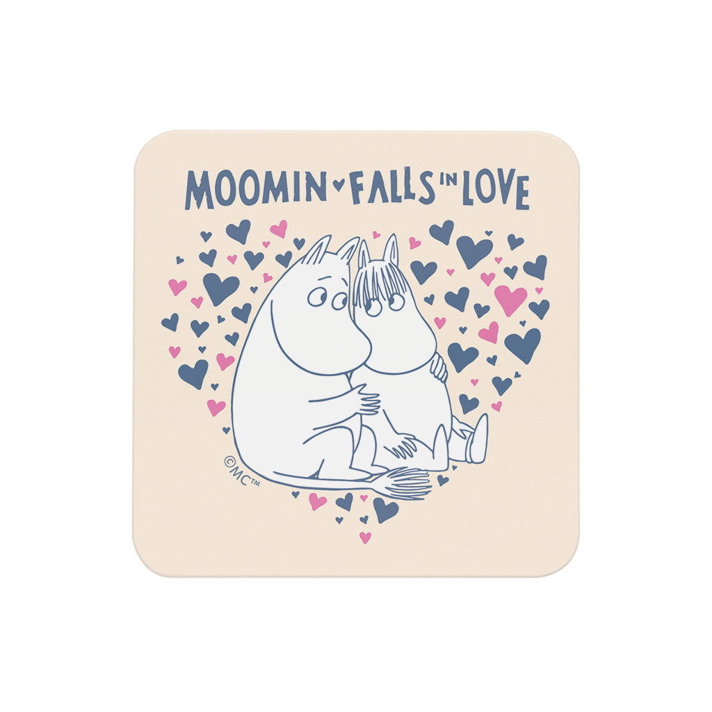 Moomin Falls In Love Blue Pink Hearts Moomintroll Snorkmaiden Wooden Single Coaster