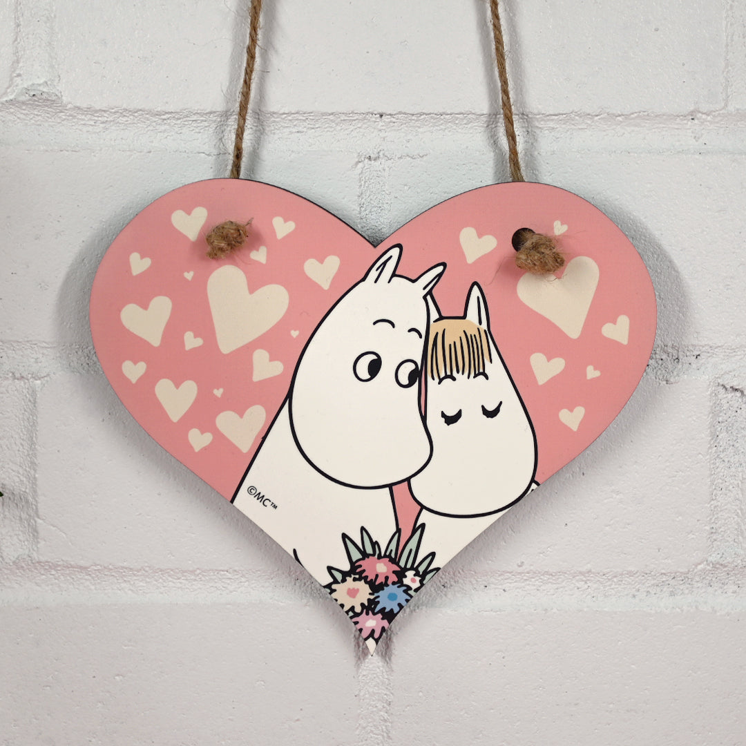 Moomin Love Hearts Moomintroll And Snorkmaiden Heart Shaped Wooden Hanging Sign | Moomin Shop US