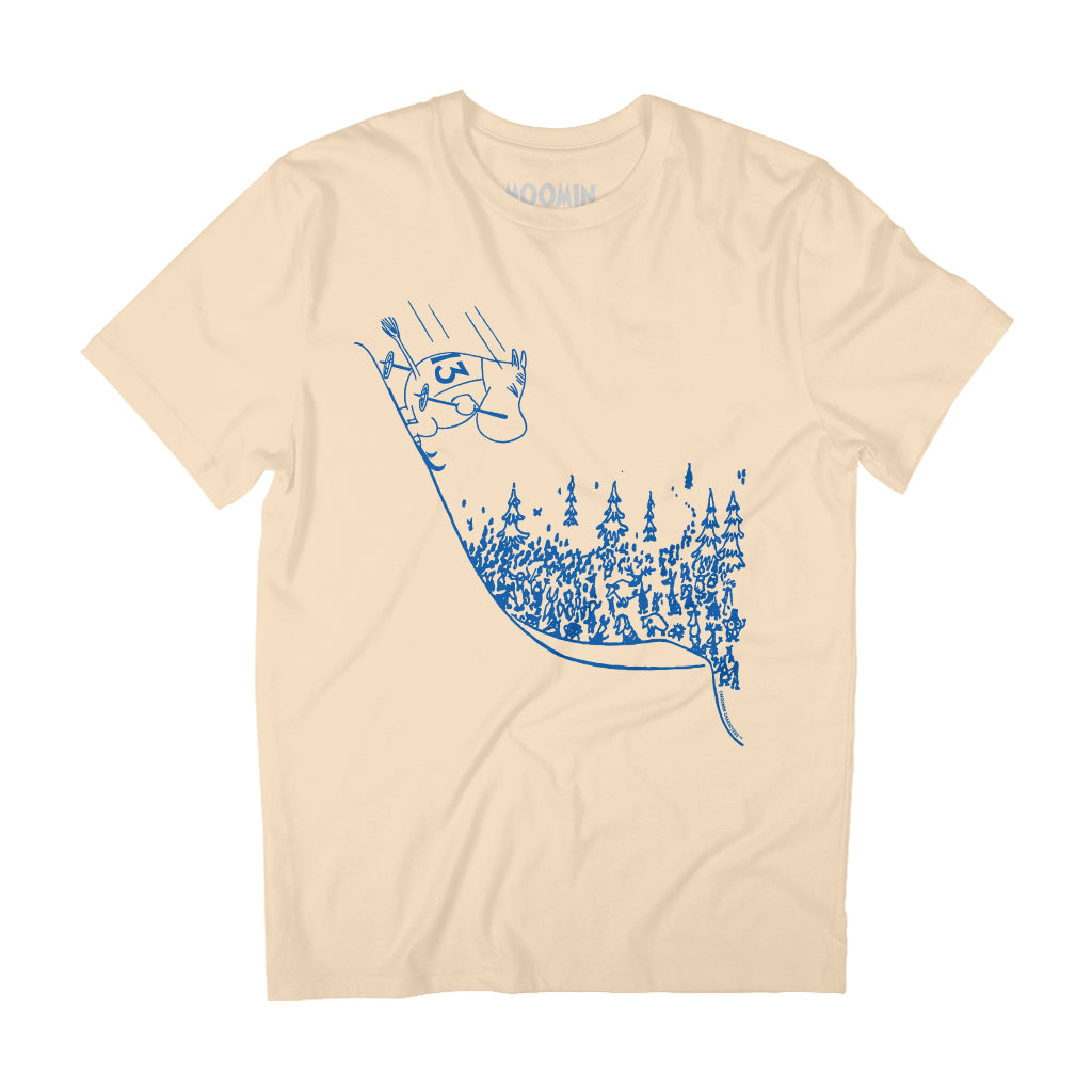 Blue Moomintroll Skiing Down Slope Winter Sports Games Adult T-Shirt | Moomin Shop US