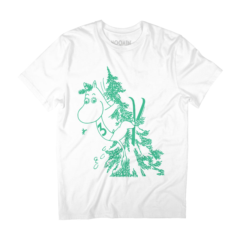 Green Moomintroll Skiing Flies Into Tree Winter Sports Games Adult T-Shirt | Moomin Shop US