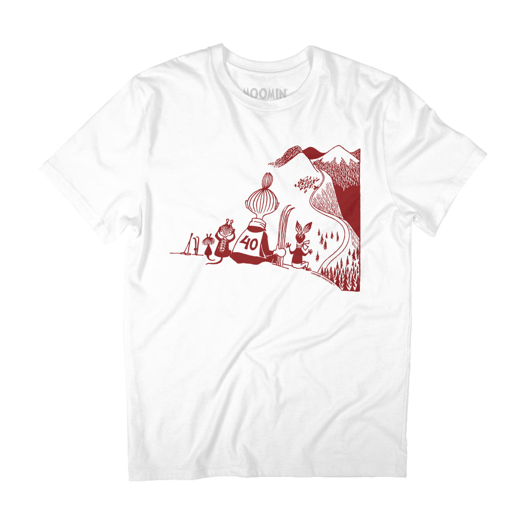 Red Mymble & Co Skiing Moomin Winter Games Sports Adult T-Shirt | Moomin Shop US