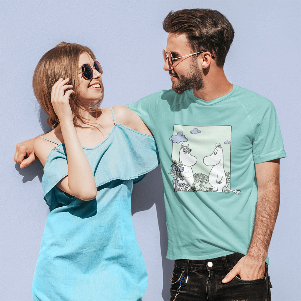 Moomintroll & Snorkmaiden Love Picking Flowers Adult T-Shirt | Moomin Shop US