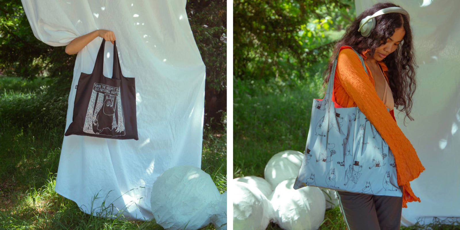 A young woman carrying an official Moomin LOQI tote bag