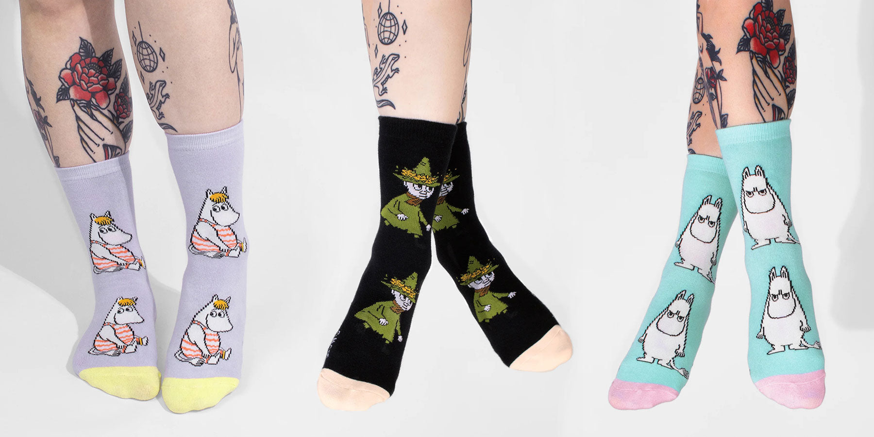 Three young people with tattoos wearing official Moomin socks | Moomin Shop United States